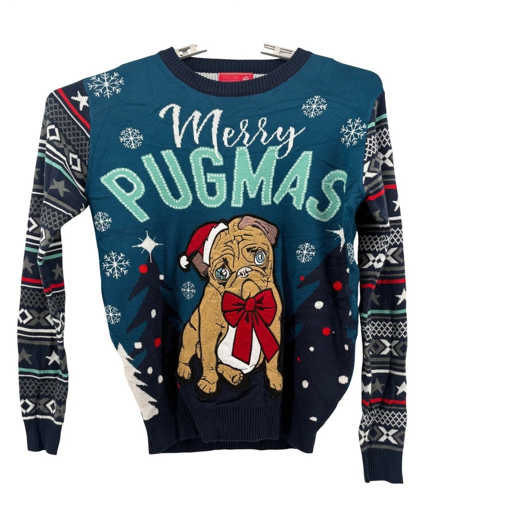 You Look Ugly‎ Today Sweater Unisex Small Blue Merry Pugmas Ugly Christmas Knit